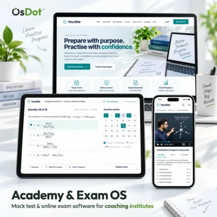 Academy & Exam OS on a laptop, a tablet and a phone: the institute website, a Mock Test attempt and a video lesson