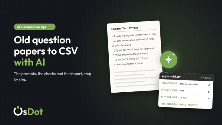 An old printed question paper being converted by AI into rows of an import-ready CSV file
