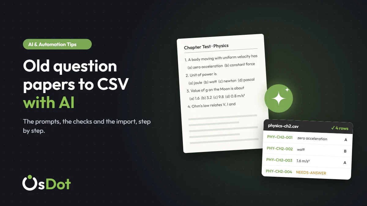 An old printed question paper being converted by AI into rows of an import-ready CSV file
