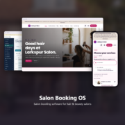 Salon Booking OS, salon booking software: the front desk calendar, the salon website and online booking on a phone, from the public demo