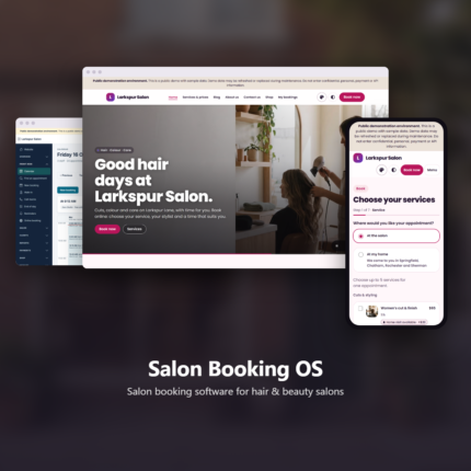 Salon Booking OS, salon booking software: the front desk calendar, the salon website and online booking on a phone, from the public demo