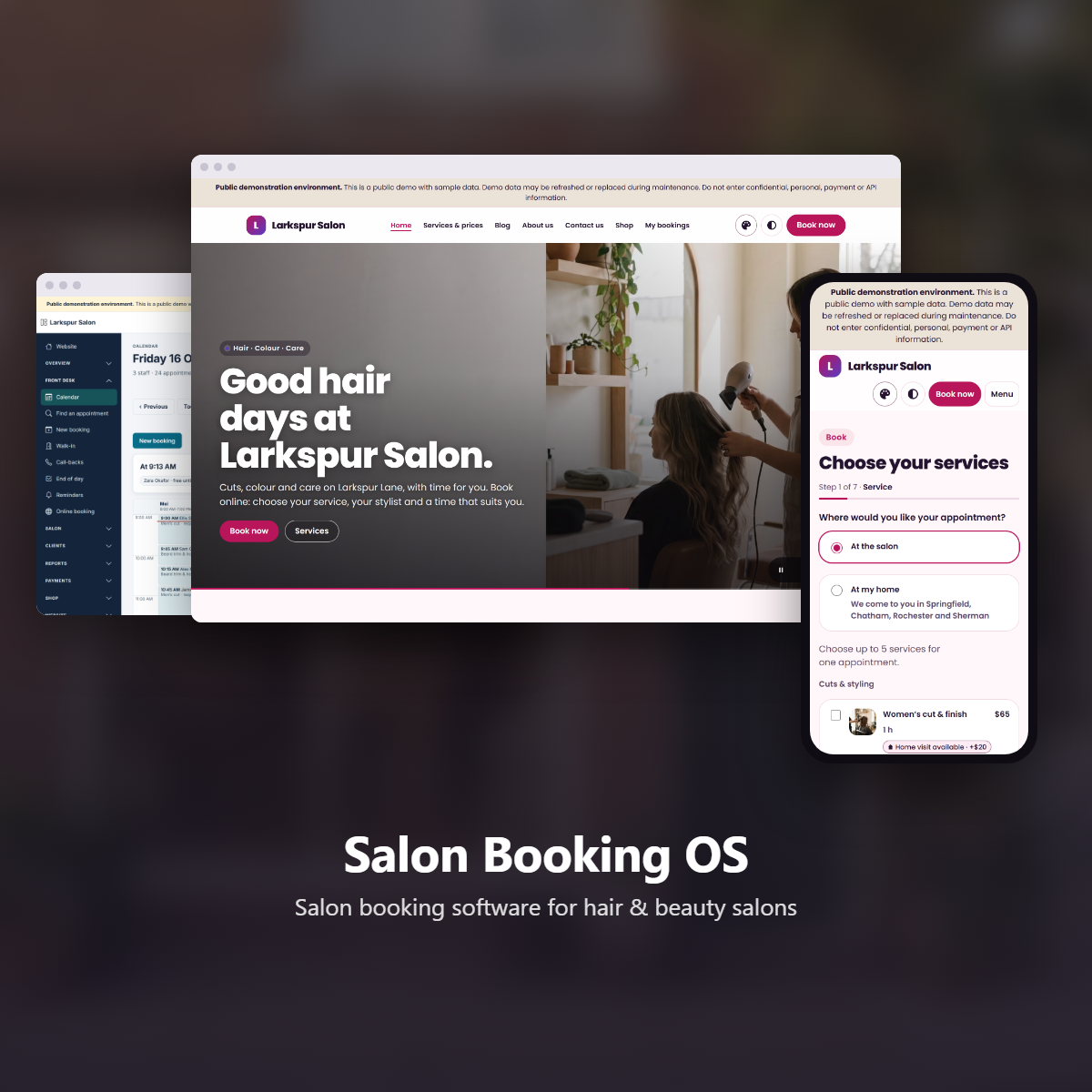 Salon Booking OS, salon booking software: the front desk calendar, the salon website and online booking on a phone, from the public demo