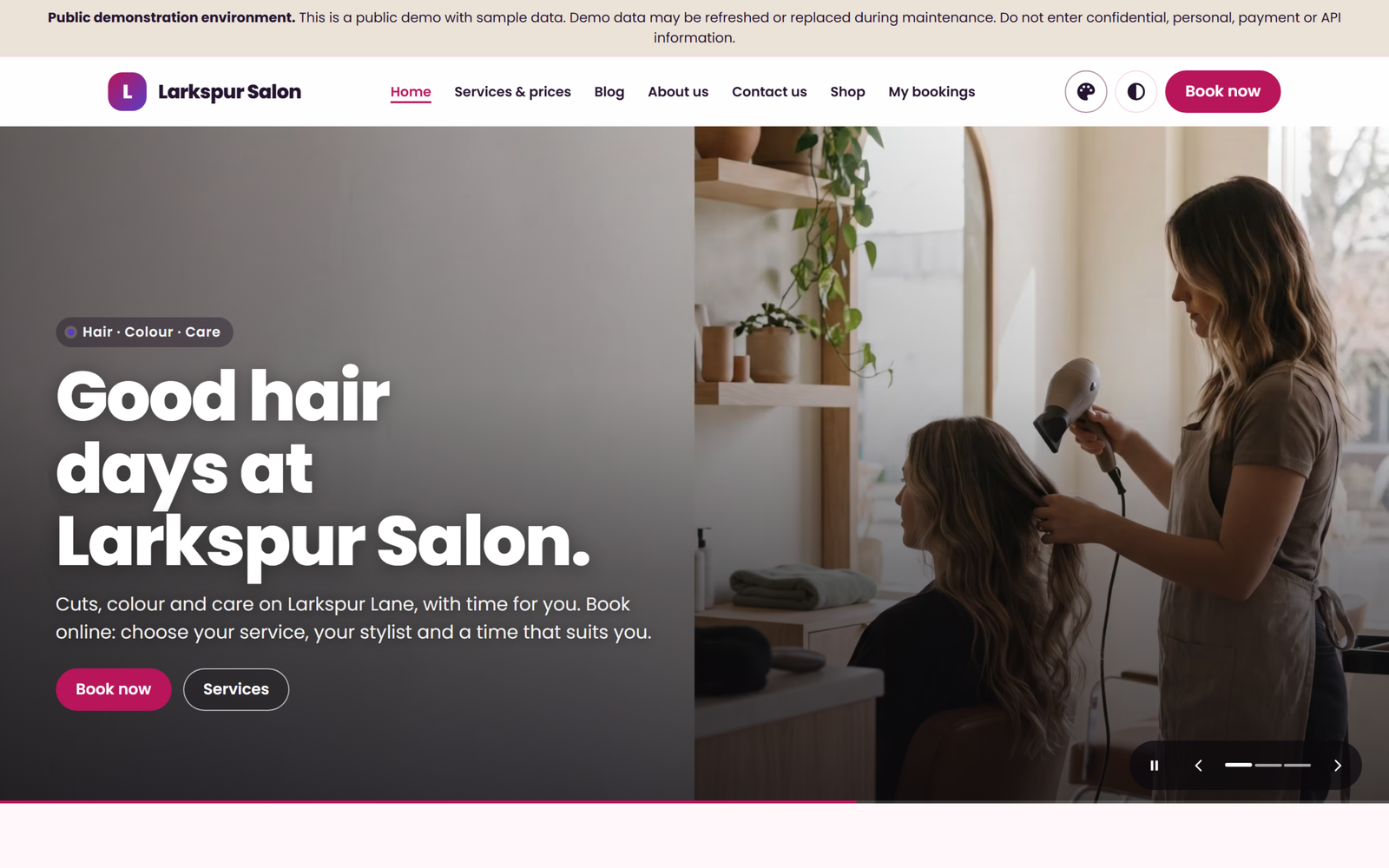 Salon booking software: a salon’s own website in the Bloom theme with its Book now button (public demo, Light)