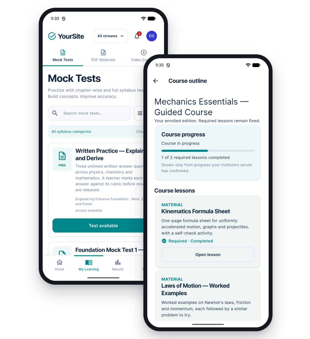 Student app screens: Mock Tests and a course outline