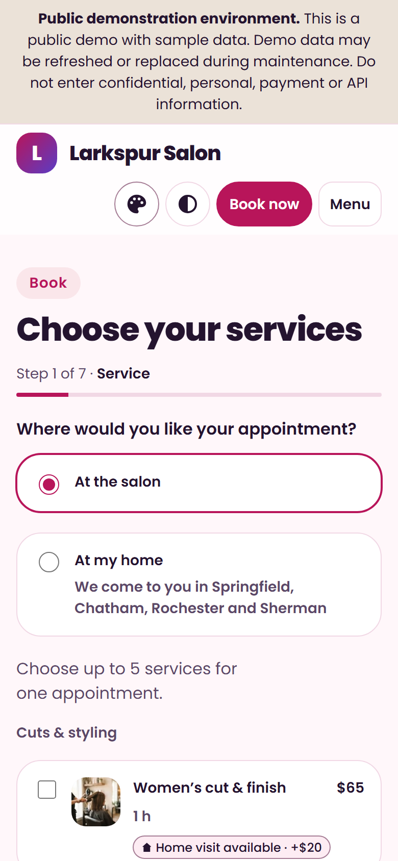 A customer booking screen in the app